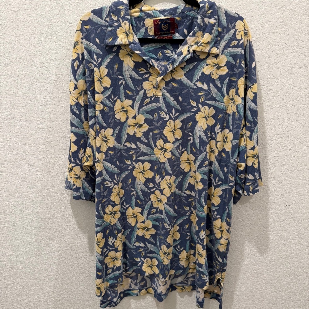 Byron Nelson Eleven Straight Mens XXL Silk Cotton Floral Hibiscus Polo Shirt